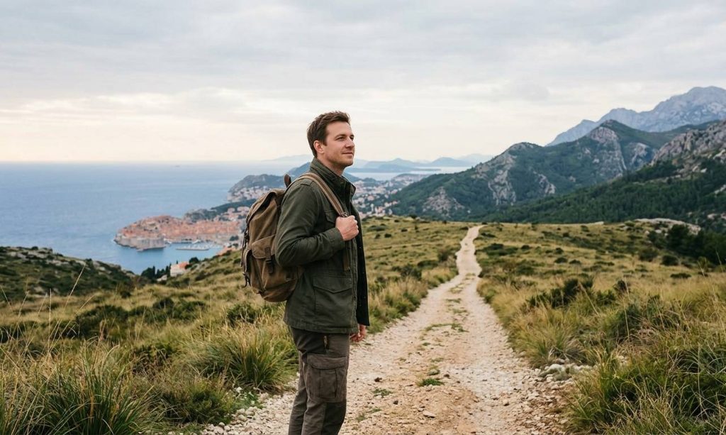 Voyageur contemplant paysage ouvert